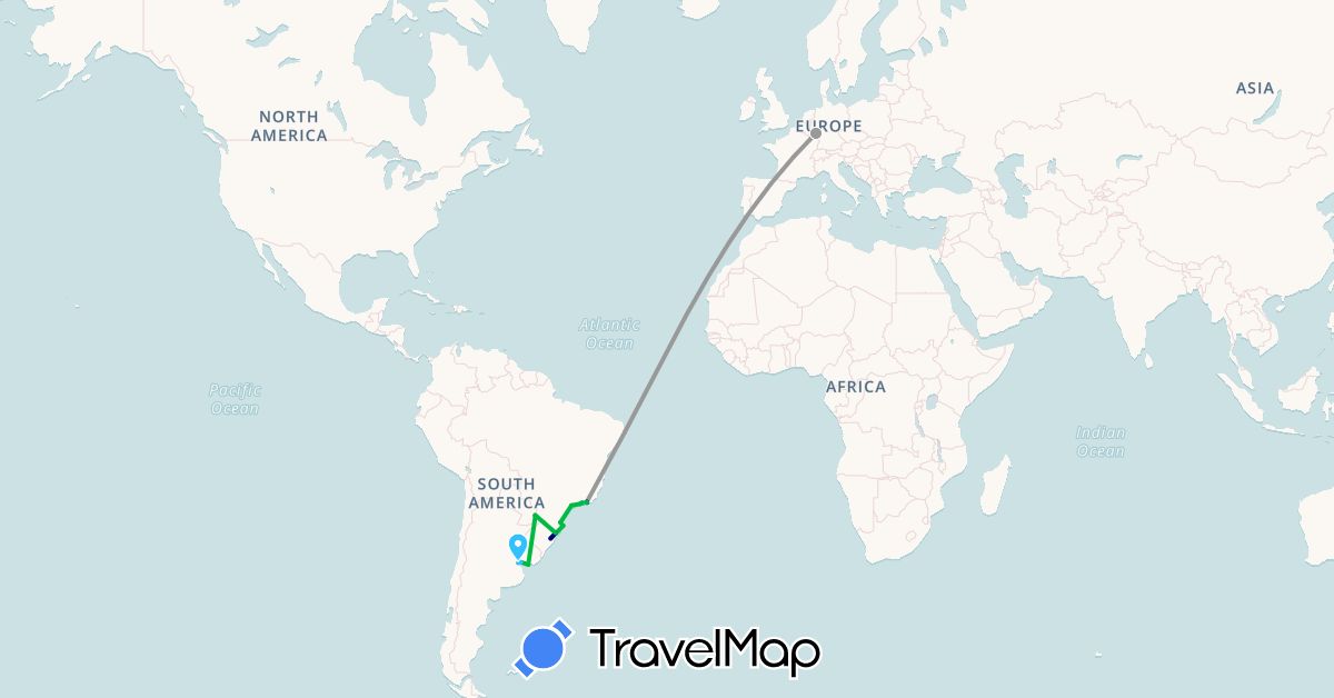 TravelMap itinerary: driving, bus, plane, train, hiking, boat in Argentina, Brazil, Germany, Paraguay, Uruguay (Europe, South America)